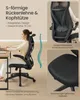 A woman is sitting in an ergonomic office chair at a desk, using a laptop. The image also includes close-ups of the chair's features and text highlighting its benefits. Produktbild-Vorschau