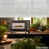 A dark gray mini oven is shown on a kitchen counter, with various plants and kitchen items in the background. Text overlays describe the product's accessories. Podgląd zdjęcia produktu