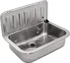 A stainless steel sink with a backsplash and a drain plug with a chain. Produktbild-Vorschau