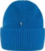 A blue knitted beanie with a small yellow cross emblem. Produktbild-Vorschau