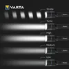 A Varta flashlight is shown with different light modes, including Strobe, Turbo, High, Medium, and Low. Produktbild-Vorschau