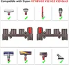Collage showing Dyson vacuum cleaner attachments and storage holders. Produktbild-Vorschau