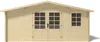 A front view of a wooden garden shed with double doors and a single window. Produktbild-Vorschau