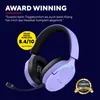 A purple gaming headset is shown against a dark purple background, with marketing text and awards. Produktbild-Vorschau