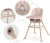 A collage of images showing a pink high chair with close-ups of its features. Voir les images du produit