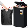 A person is shown placing plastic bottles into a black storage bin with a lid, and the bin itself is also shown filled with bottles. Produktbild-Vorschau