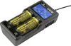 A black battery charger with two batteries inserted, shown from a slightly elevated angle against a white background. Anteprima dell’immagine prodotto