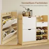 A shoe cabinet with multiple shelves and drawers, showcasing shoes and decorative items. Voir les images du produit