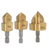 Three gold-colored drill bits with silver shanks are arranged in a row against a white background. Voir les images du produit