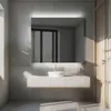 A modern bathroom vanity with a sink and a large illuminated mirror. Produktbild-Vorschau