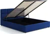 A blue upholstered bed frame with the mattress support mechanism lifted to reveal the storage compartment underneath. Produktbild-Vorschau