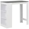 A white bar table with a gray top and built-in shelves on the left side, shown against a white background. Náhled obrázku produktu