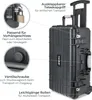 A black trolley case with various features highlighted by text and callout lines. Produktbild-Vorschau