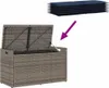 An outdoor storage bench with its lid open, and a stack of cushions above it, with an arrow indicating the cushions are for the bench. Náhľad obrázku produktu