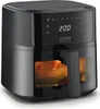 A black air fryer with a transparent window showing food inside, set against a white background. Produktbild-Vorschau