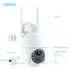 A diagram of a white security camera with labels pointing to its various components. Produktbild-Vorschau