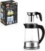 A product shot of a glass electric tea maker with a stainless steel base and handle, next to its packaging box. Produktbild-Vorschau