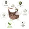 A brown hammock chair with various feature callouts around it. Produktbild-Vorschau