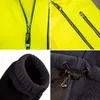 Collage of close-up details of a yellow fleece jacket and a navy blue cuff. Produktbild-Vorschau