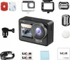A collage of an action camera and its accessories, laid out on a white background. Anteprima dell’immagine prodotto