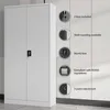 A white metal cabinet with two doors, shown with various features highlighted by circular callouts and text. Náhľad obrázku produktu