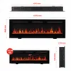 Diagrams and images showing the dimensions and features of an electric fireplace. Náhľad obrázku produktu