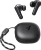 A pair of black wireless earbuds and their charging case are displayed against a white background. Produktbild-Vorschau
