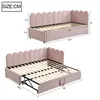 Two views of a pink upholstered daybed with dimensions indicated by measurement lines and numbers. Podgląd zdjęcia produktu