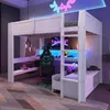 A white loft bed with a desk and gaming setup underneath, illuminated by LED lights. Produktbild-Vorschau