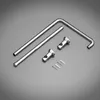 A set of chrome-plated shower fixture components, including two rods of different lengths and two mounting brackets, along with screws and wall anchors, arranged on a plain gray background. Podgląd zdjęcia produktu