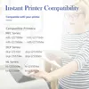 A woman is holding a tablet and standing next to a printer, with text listing compatible printer models. Produktbild-Vorschau
