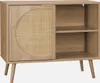 A light brown wooden sideboard with a rattan-covered door and open shelving, displayed against a white background. Anteprima dell’immagine prodotto