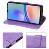 A purple flip case for a smartphone is displayed with the phone inside, showing its screen. Two close-up insets highlight the case's texture and clasp. Produktbild-Vorschau