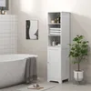 A white bathroom cabinet with open shelves and a closed cabinet, placed next to a bathtub and a potted plant. Produktbild-Vorschau