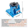 A blue welding positioner with a turntable and chuck is shown against a white background, with dimensions and specifications overlaid. Podgląd zdjęcia produktu