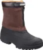 A single brown and black winter boot is shown against a white background.