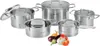 A set of stainless steel pots and pans with glass lids, arranged on a white background with some vegetables in the foreground. Produktbild-Vorschau
