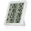 A white digital thermometer and hygrometer with a stand, displaying temperature and humidity readings for multiple locations. Produktbild-Vorschau