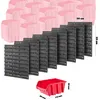 A collection of pink storage bins stacked in the background, with black storage bins and a red storage bin in the foreground, along with dimensions. Produktbild-Vorschau