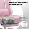 A cutaway view of a pink gaming chair showing its internal layers and materials, with text labels and a diagram of a spring. Náhled obrázku produktu