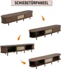 A collage of images showing a dark walnut TV stand with rattan detailing, with arrows indicating different configurations or views. Náhled obrázku produktu