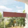 A balcony with a retractable side awning extended, overlooking greenery and a cloudy sky. Drinks are visible on a table in the foreground. Produktbild-Vorschau