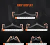A display of different grip attachments for a lat pulldown machine, with hands demonstrating how to hold each one. Podgląd zdjęcia produktu