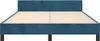 A blue velvet bed frame with wooden slats is shown from the front against a white background. Podgląd zdjęcia produktu
