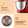 A collage of images showcasing a red stand mixer and its features. Produktbild-Vorschau