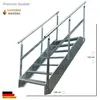 A galvanized steel staircase with a railing, shown against a white background with dimensions indicated. Produktbild-Vorschau