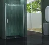 A modern bathroom with a glass shower enclosure, green tiled walls, and black tiled floor. Produktbild-Vorschau