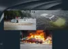 Collage of three images showing cars in dangerous situations: flooded street, submerged car, and car on fire. Podgląd zdjęcia produktu