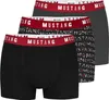 Three pairs of men's boxer shorts are stacked on a white background. The top pair is gray, the middle pair has a black and white pattern with the brand name repeated, and the bottom pair is black. All pairs have a red waistband with the brand name 'MUSTANG Produktbild-Vorschau