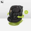 A black car seat is shown on a white background with green arrows indicating rotation and a green circle with text. Produktbild-Vorschau